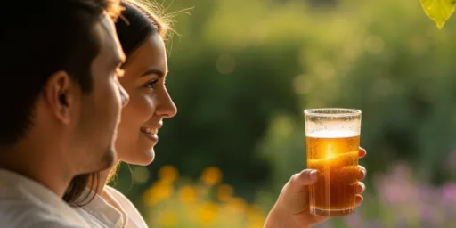 Pareja de jóvenes disfrutando de un vaso de kéfir de agua