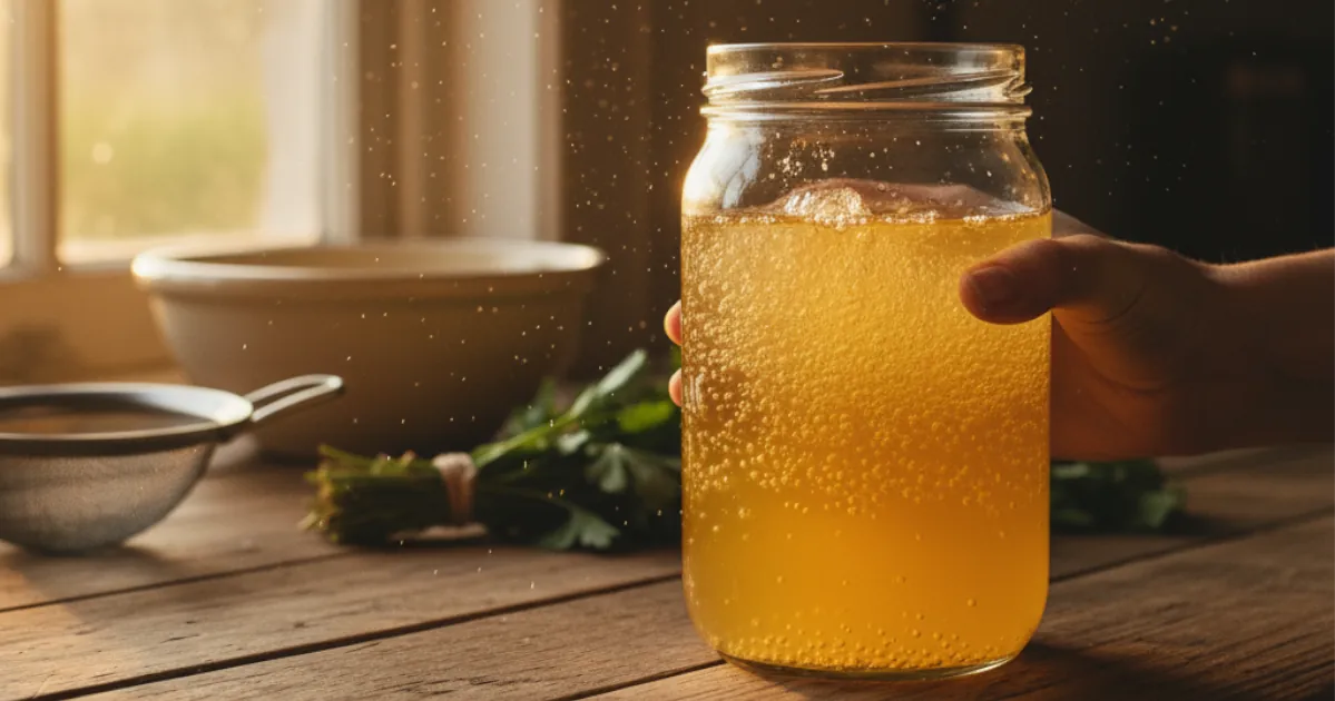 Frasco de kéfir de agua en fermentación sostenido por una mano, con burbujas visibles y luz cálida de cocina